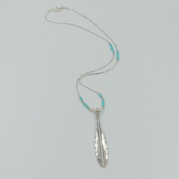 Sterling Silver Feather ~ Turquoise and Liquid Silver - Picture 5 of 12